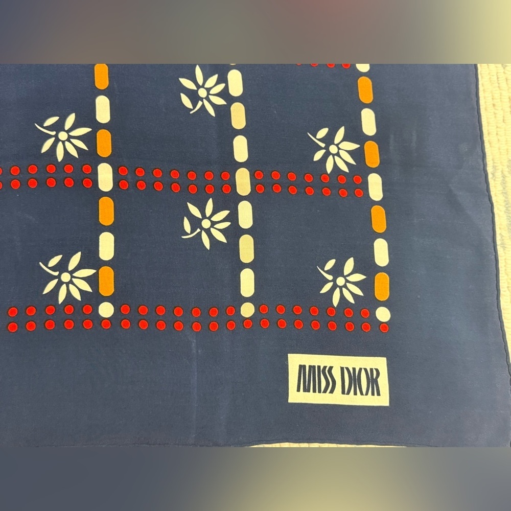 CHRISTIAN DIOR Vintage Y2K 70’s 100% Silk Navy/Multicolor Geometric Floral Scarf - Picture 7 of 11